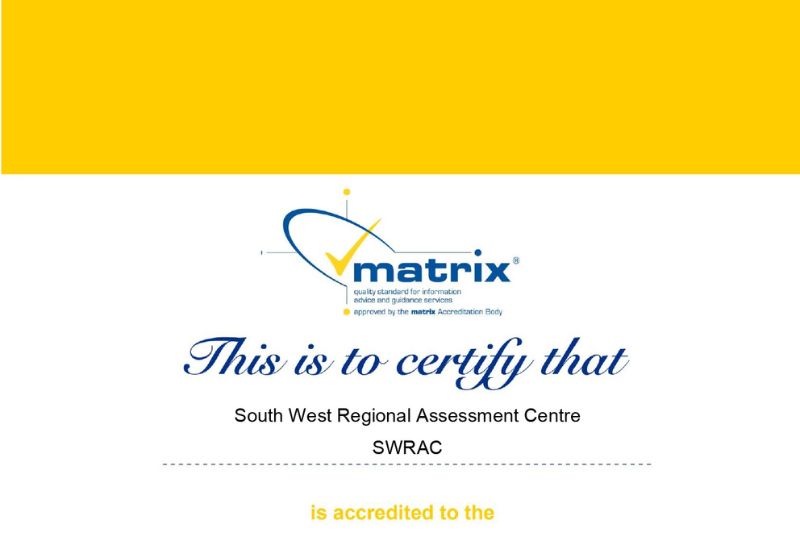 An image of a certificate. It has a yellow top banner and a white background. The logo for "matrix" is prominently displayed, with the text "quality standard for information advice and guidance services" and "approved by the matrix Accreditation Body" beneath it.