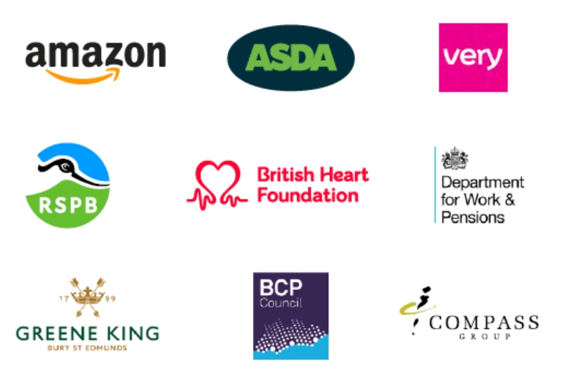 A grid of logos for various organisations including: Amazon, ASDA, Very, RSPB, British Heart Foundation, Department for Work & Pensions, Greene King, BCP Council and Compass Group A grid of logos for various organisations including: Amazon, ASDA, Very, RSPB, British Heart Foundation, Department for Work & Pensions, Greene King, BCP Council and Compass Group