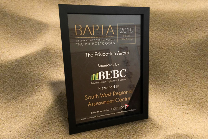 A framed BAPTA education award presented to South West Regional Assessment Centre